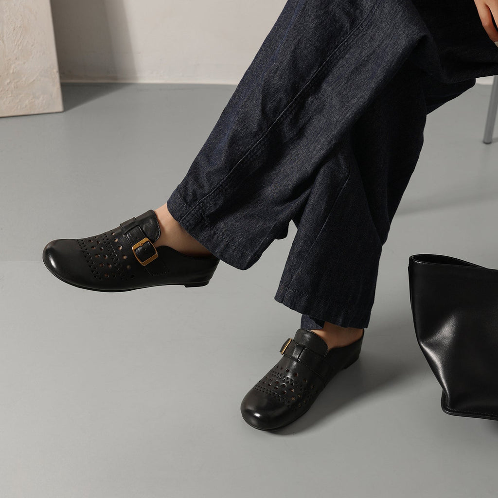 Women's Perforated Cowhide Buckle Mules | Round Toe Flat Backless Slides