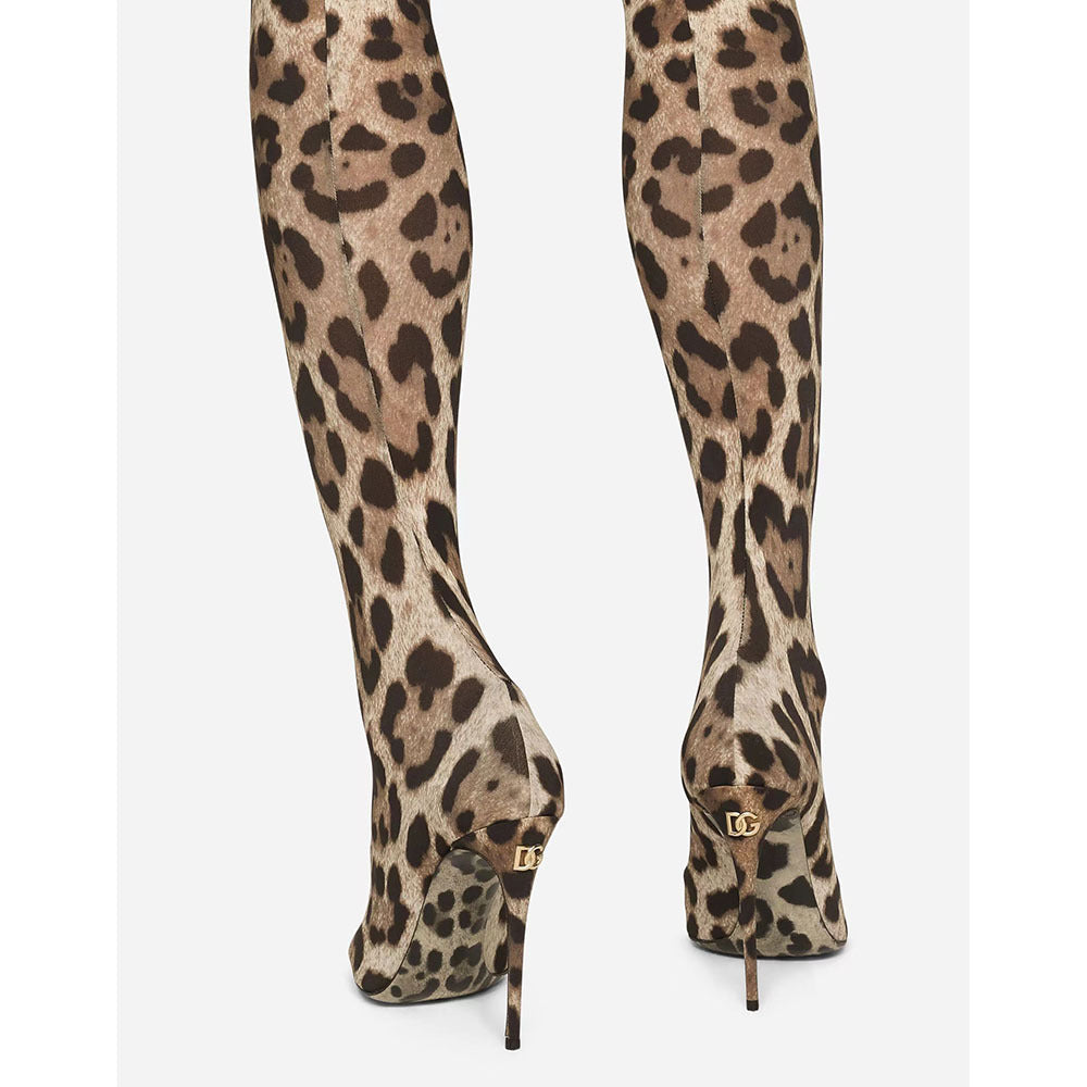 Women's Leopard Print Knee-High Stretch Boots – Pointed Toe High Heel, Ultra-Long Satin Upper