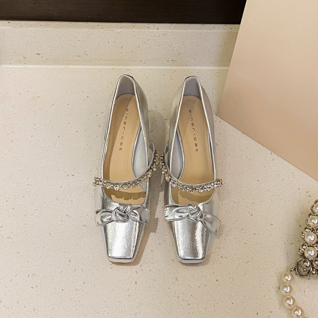 Women's Rhinestone Mary Jane Heels - French Style Pointed Toe Chunky Heel Shoes