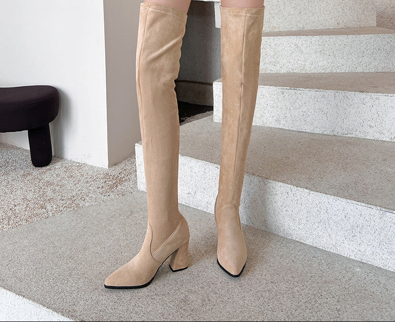 Women's Suede High Heel Boots Pointed Toe Chunky Heel Denim Strap Buckle | Black Beige Brown Red