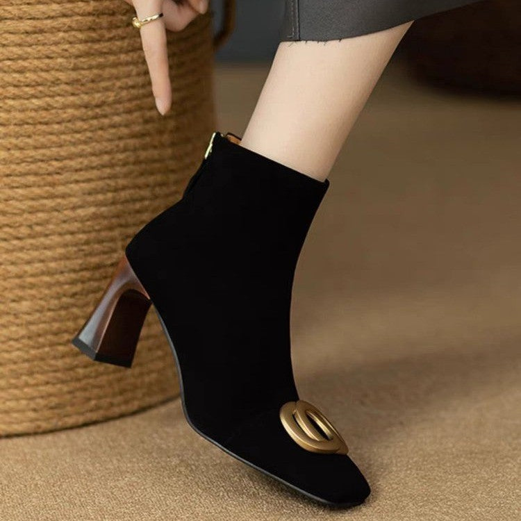 Women's Retro Chunky Heel Short Boots – Square Toe, Metal Buckle & Side Zipper | Suede Upper