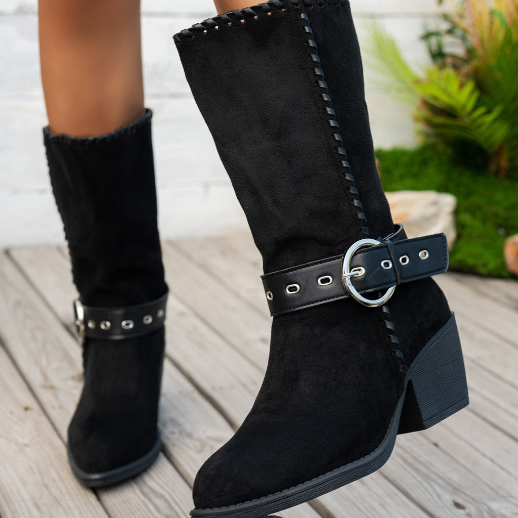 Women's Pointed-Toe Mid-Calf Boots with Belt Buckle - Suede Fashion Boots
