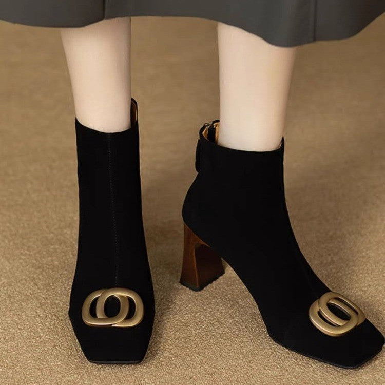 Women's Retro Chunky Heel Short Boots – Square Toe, Metal Buckle & Side Zipper | Suede Upper