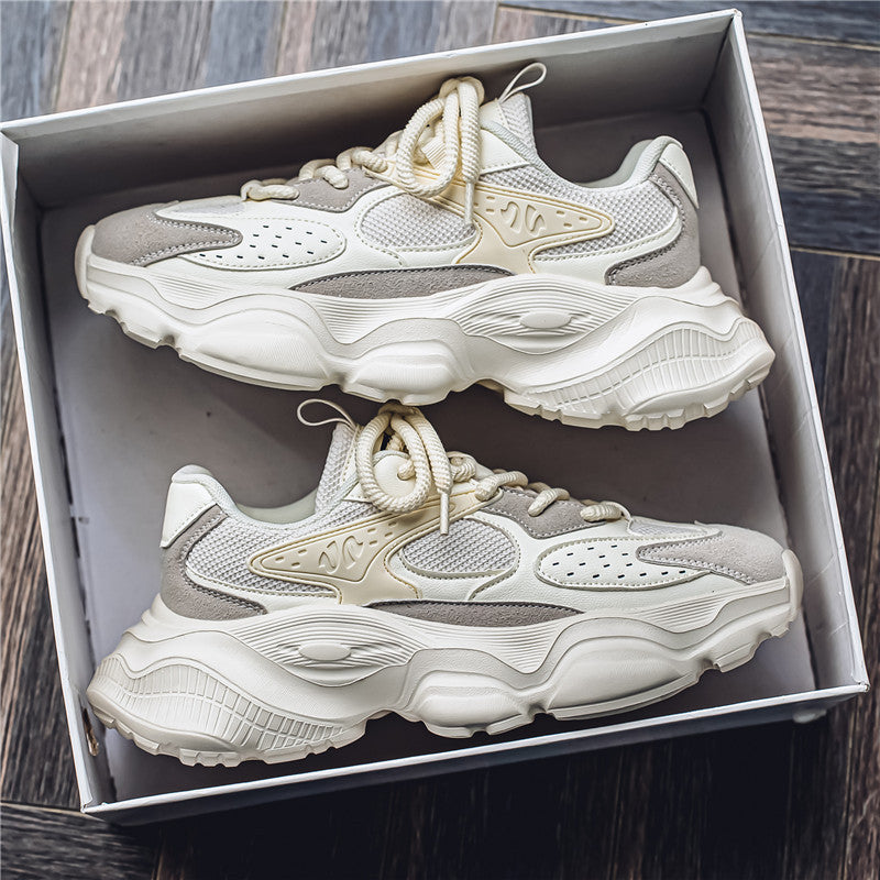 Men's Chunky Soled Dad Sneakers | Mesh Upper Lace-Up Athletic Shoes | Beige Black Gray