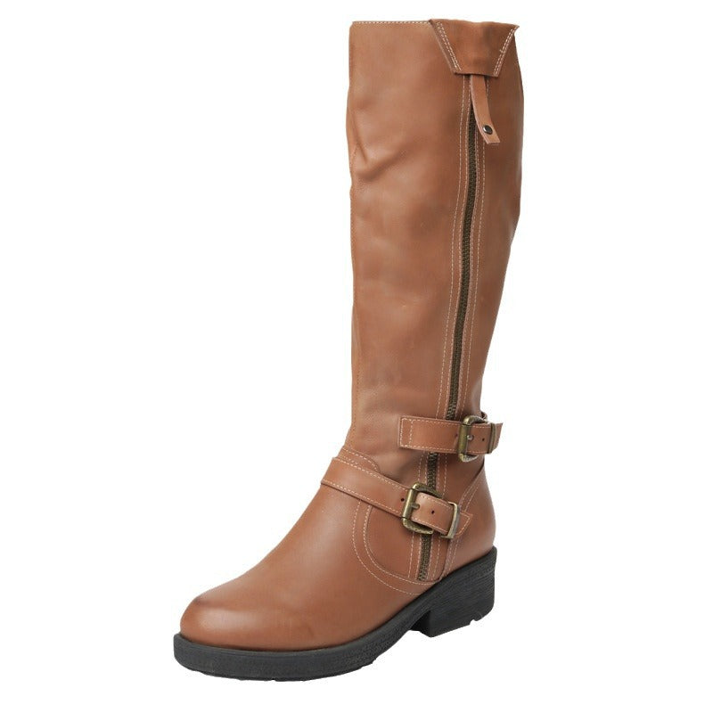 Women's Plus-Size Chunky Sole Boots | Side Zipper Cowhide Leather High Shaft