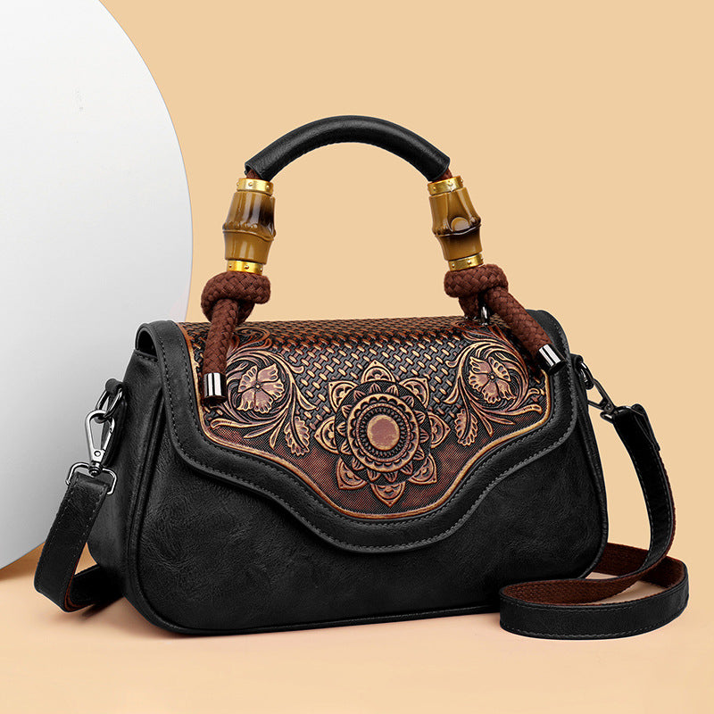 Handcrafted Leather-Embossed Retro Crossbody Bag - Floral Design Women's Shoulder Bag