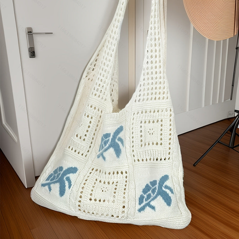 Women's Hand-Knitted Turtle Tote Bag - Hollow Knit Design Blue Shoulder Bag