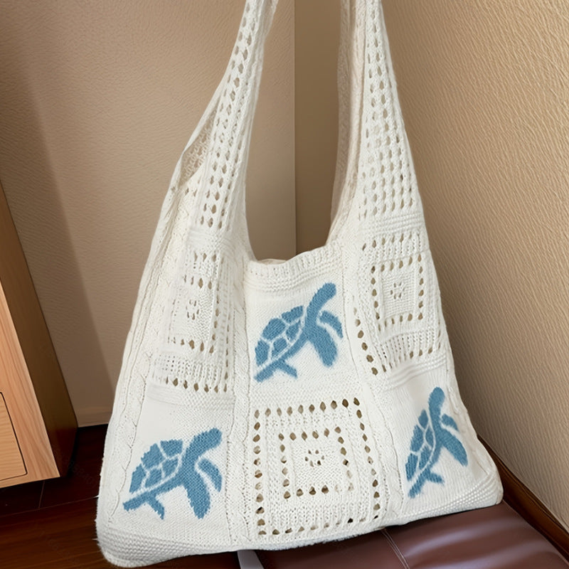 Women's Hand-Knitted Turtle Tote Bag - Hollow Knit Design Blue Shoulder Bag
