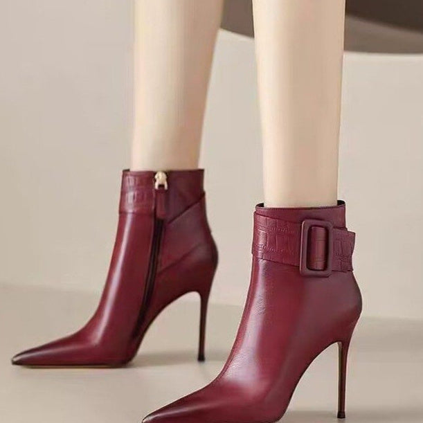 Women's Pointed-Toe Stiletto Ankle Booties - Chunky Heel Side Zipper Boots