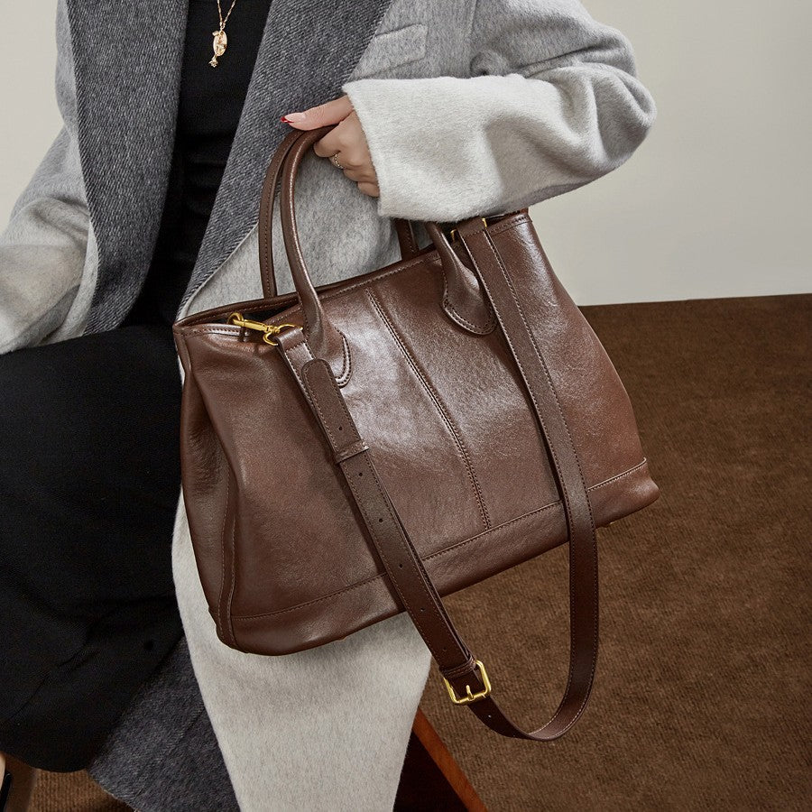 Women's Genuine Leather Tote Crossbody Bag – Top-Grain Cowhide, High-Capacity Everyday Shoulder Bag