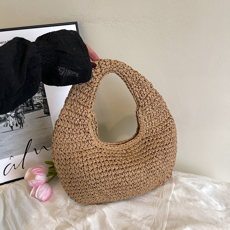 Straw Beach Tote Bag - Crescent Shape Summer Handbag for Women