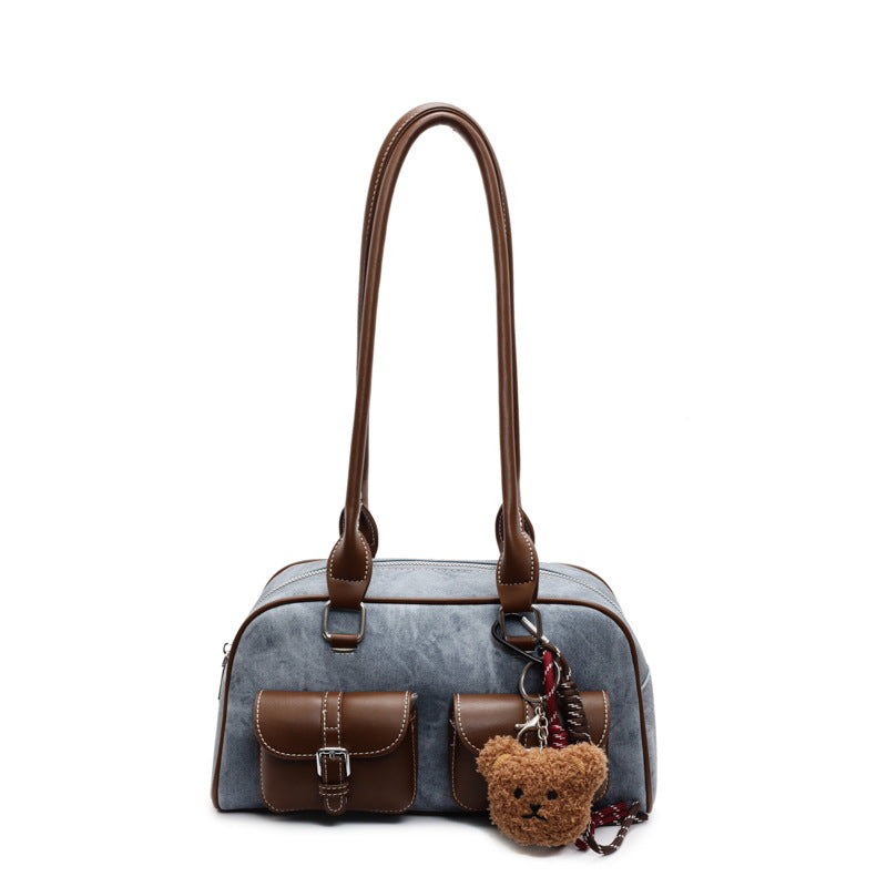 Retro Color-Block Boston Handbag | Chic PU Leather Crossbody Bag for Women | Sarah Express
