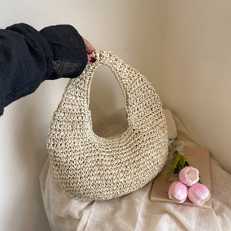 Straw Beach Tote Bag - Crescent Shape Summer Handbag for Women