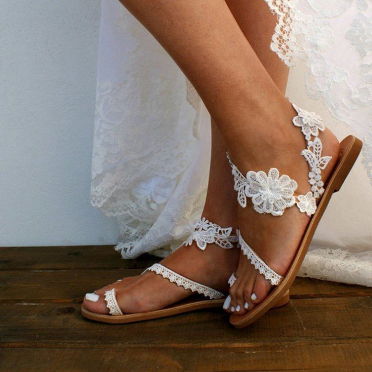 Women's Bohemian Lace Flat Sandals | Ankle Strap Flower Beach Shoes