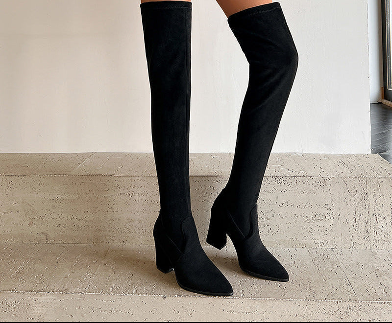 Women's Suede High Heel Boots Pointed Toe Chunky Heel Denim Strap Buckle | Black Beige Brown Red