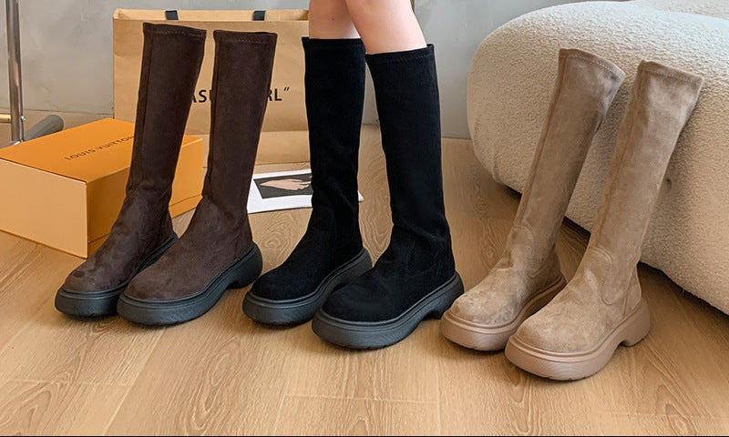 Women's Chunky Sole Suede Boots | Round Toe Slip-On Winter Boots