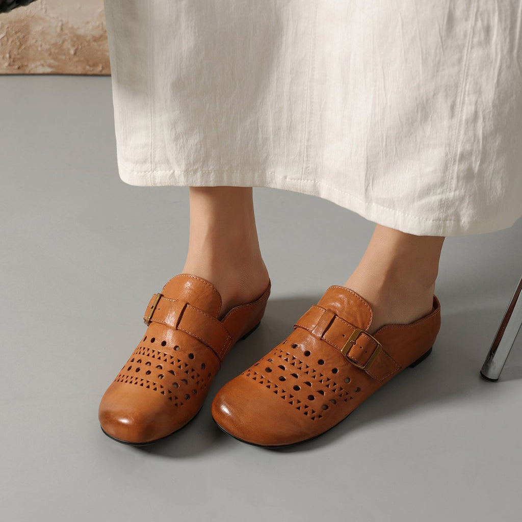 Women's Perforated Cowhide Buckle Mules | Round Toe Flat Backless Slides