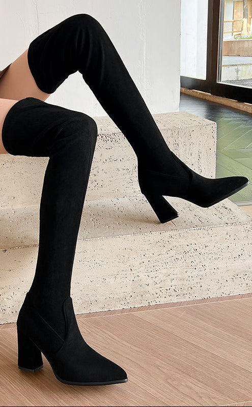 Women's Suede High Heel Boots Pointed Toe Chunky Heel Denim Strap Buckle | Black Beige Brown Red