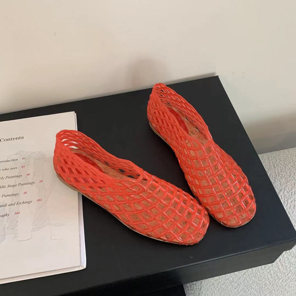 Women's Korean-Style Hollow-Out Round-Toe Flats | Breathable Candy-Color Slip-On Shoes