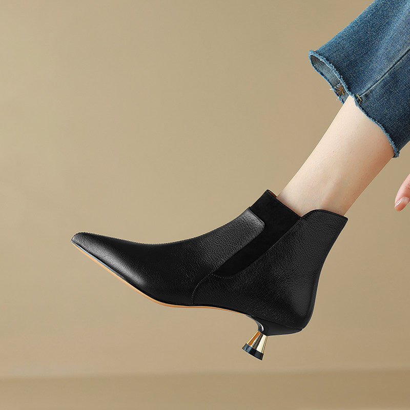 Women's Genuine Leather Pointed-Toe Kitten Heel Ankle Boots | Side Zipper | Black & Brown