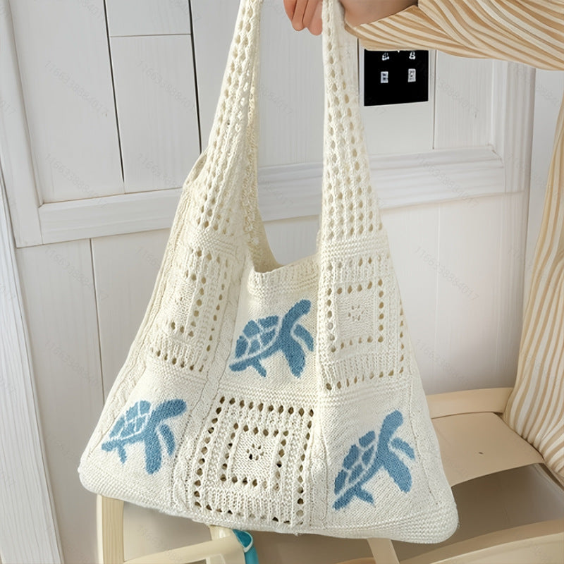 Women's Hand-Knitted Turtle Tote Bag - Hollow Knit Design Blue Shoulder Bag