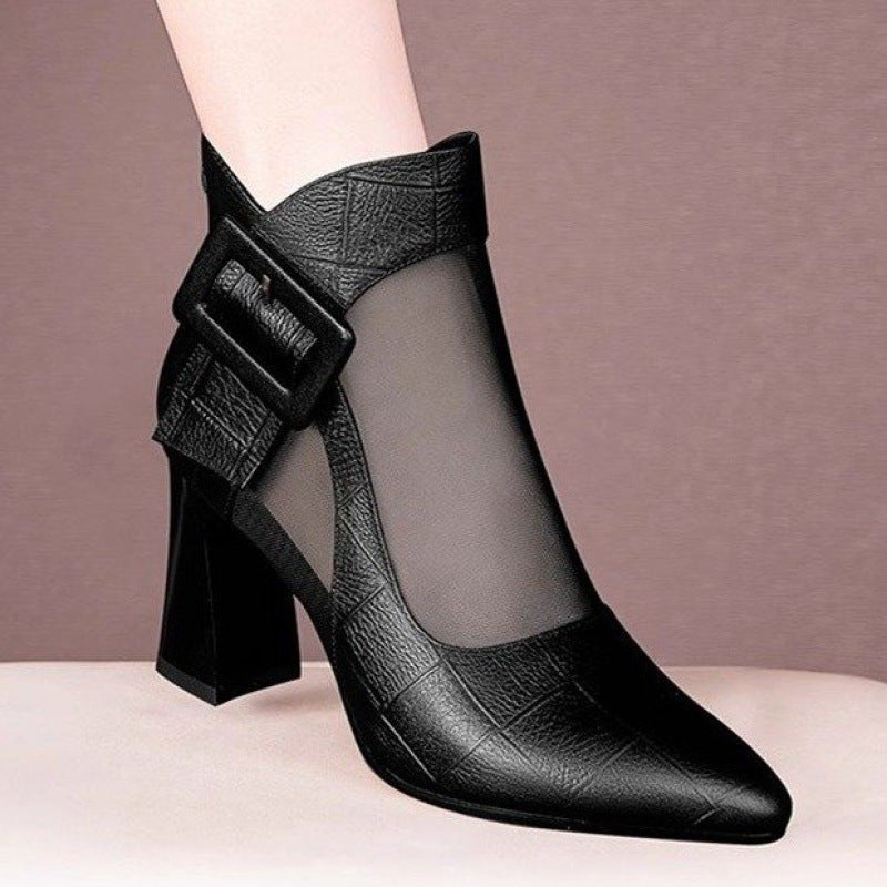 Women's British Style Chunky Heel Cutout Ankle Boots | Pointed Toe Back Zipper