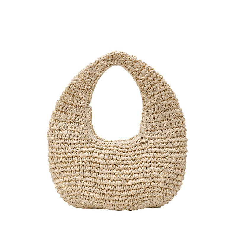 Straw Beach Tote Bag - Crescent Shape Summer Handbag for Women