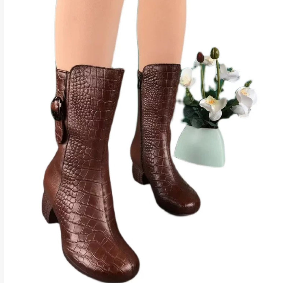 Women's Velvet-Lined Mid-Calf Fashion Boots | Chunky Heel Side Zipper | Fall Winter