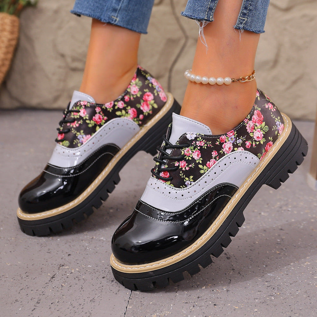 Women's Chunky Heel Lace-Up Casual Fashion Shoes | Black & Beige