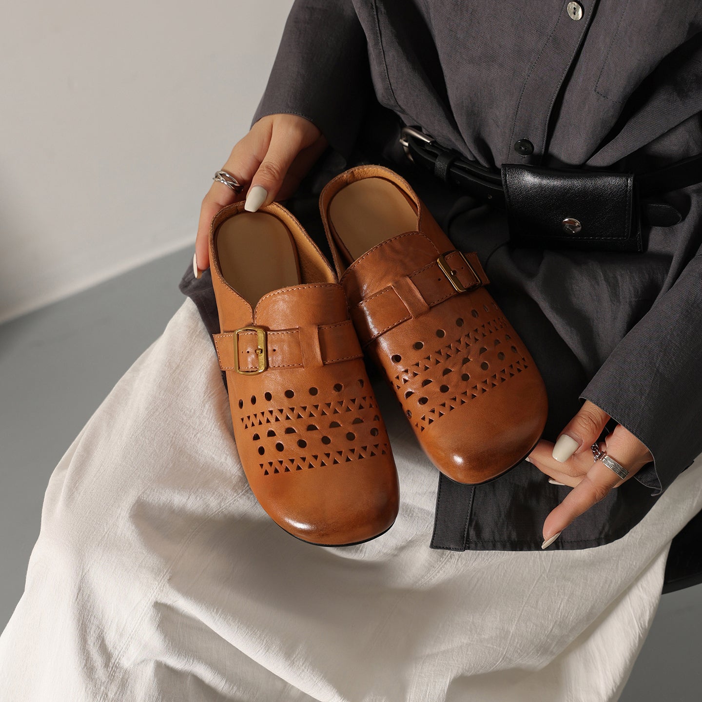 Women's Perforated Cowhide Buckle Mules | Round Toe Flat Backless Slides