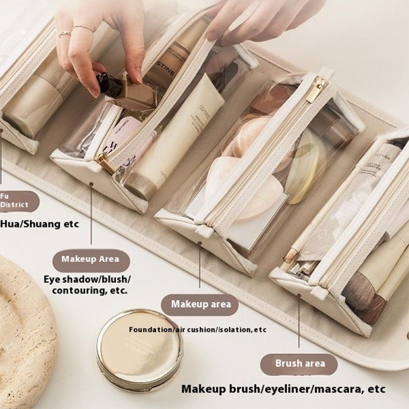 Women's Foldable Travel Cosmetic Bag – Large Capacity Waterproof PU Leather Makeup Organizer with Handle | Beige & Brown