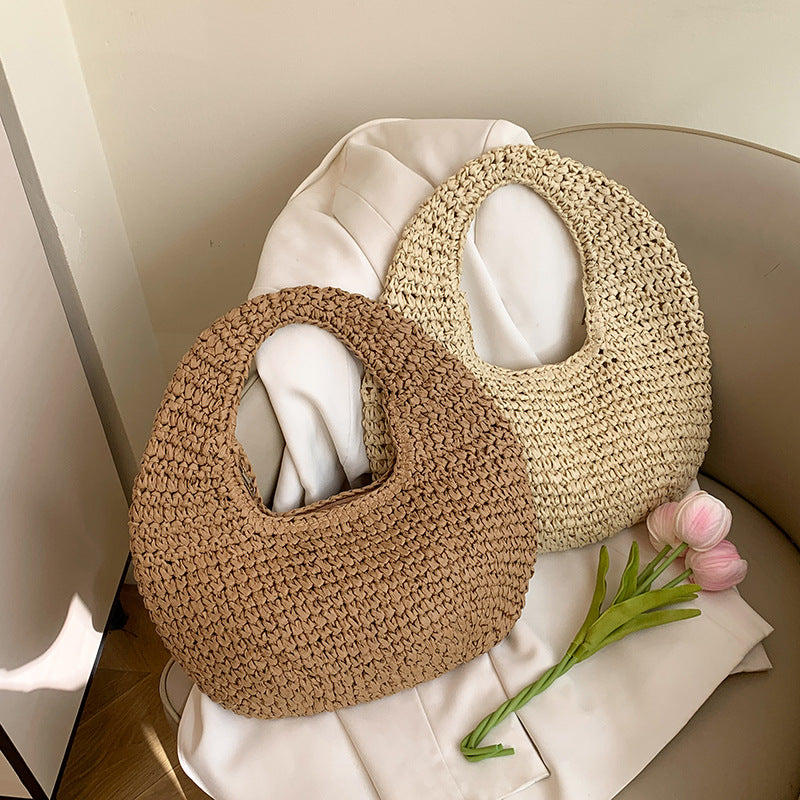 Straw Beach Tote Bag - Crescent Shape Summer Handbag for Women