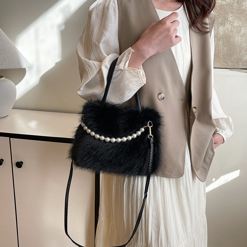 Women's Furry Tote Bag with Pearl Chain Shoulder Strap - Soft Faux Fox Fur Square Handbag