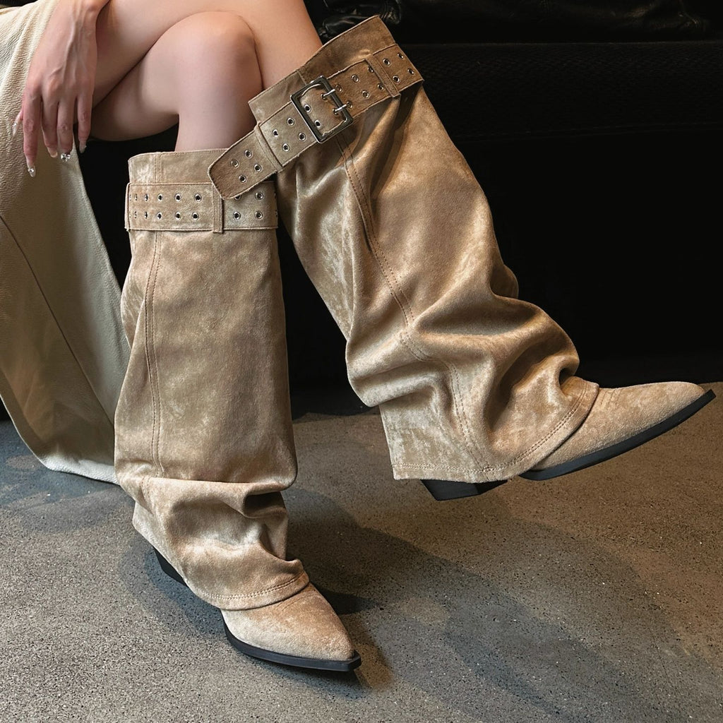 Women's Knee-High Western Boots | Pointed Toe Stiletto Heel | Buckle Detail | Khaki & Black