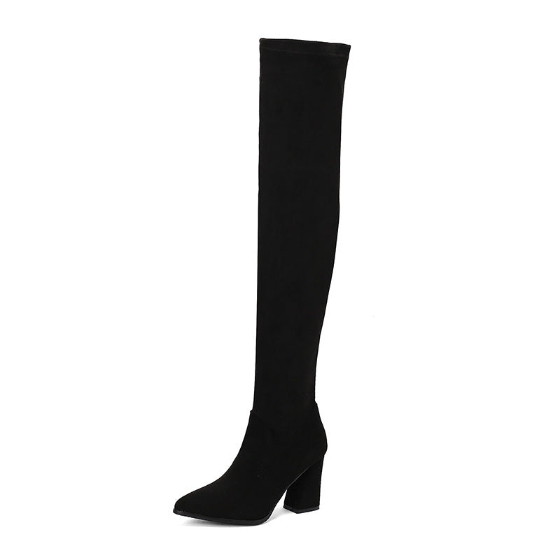 Women's Suede High Heel Boots Pointed Toe Chunky Heel Denim Strap Buckle | Black Beige Brown Red