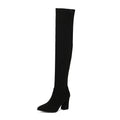Women's Suede High Heel Boots Pointed Toe Chunky Heel Denim Strap Buckle | Black Beige Brown Red