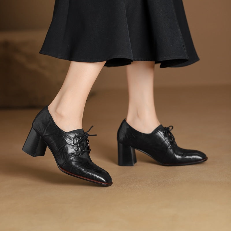 Women's British-Style Square Toe Chunky Heel Pumps | Deep Vamp | Wool Leather Upper