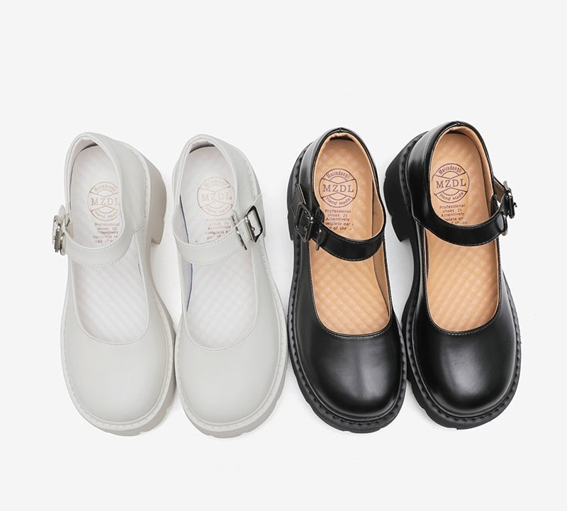 Women's Retro Japanese-Style Buckle Strap Chunky Heel Leather Shoes | Low-Cut Round Toe Pumps