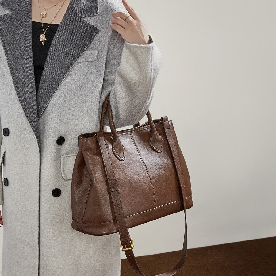 Women's Genuine Leather Tote Crossbody Bag – Top-Grain Cowhide, High-Capacity Everyday Shoulder Bag