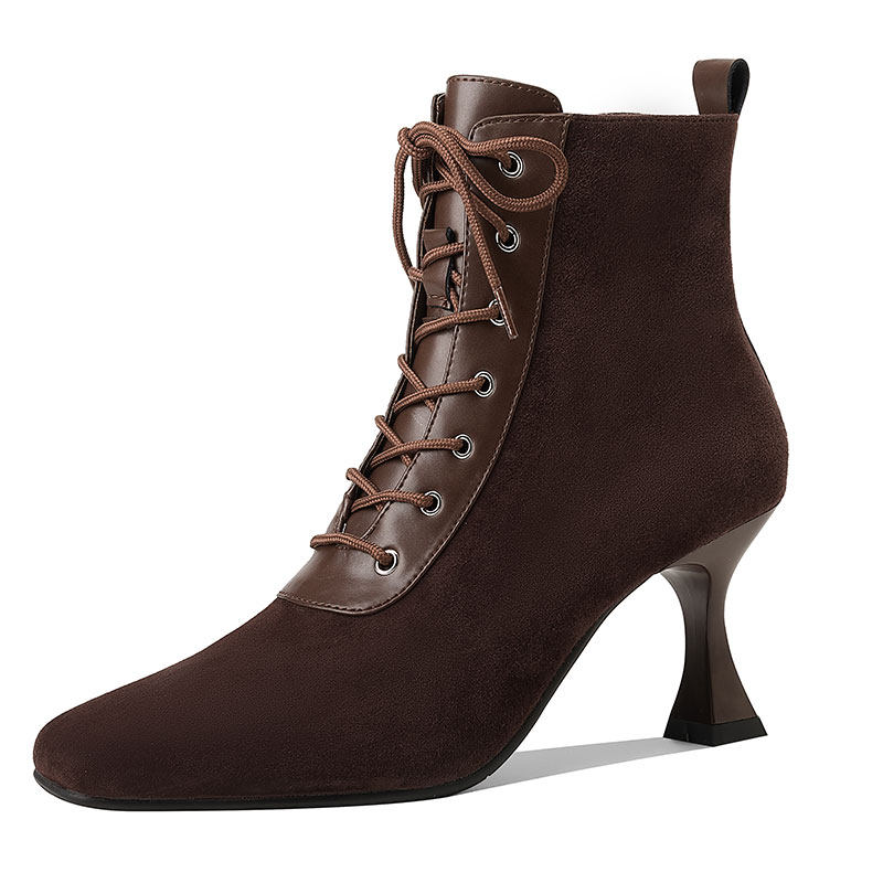 Retro Square-Toe Short Boots Women's Stiletto Heel PU Leather – Brown & Apricot