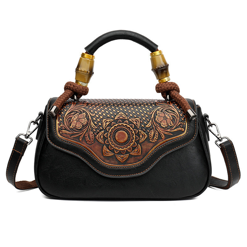 Handcrafted Leather-Embossed Retro Crossbody Bag - Floral Design Women's Shoulder Bag