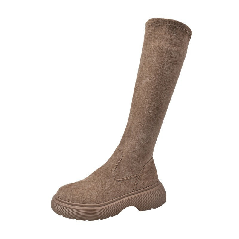 Women's Chunky Sole Suede Boots | Round Toe Slip-On Winter Boots