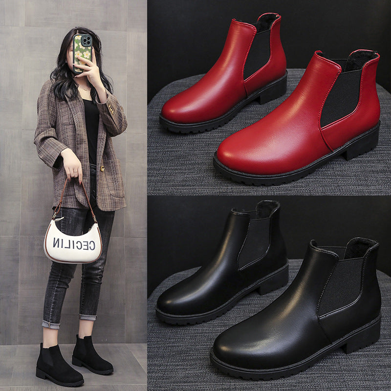 Women's Red Dr. Martens-Style Chunky Heel Ankle Boots – Round Toe, Lace-Up, Sizes 35–41