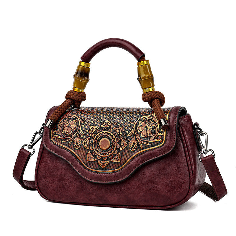 Handcrafted Leather-Embossed Retro Crossbody Bag - Floral Design Women's Shoulder Bag