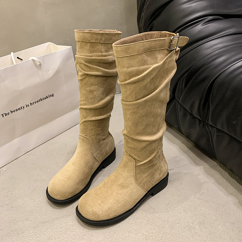 Women's Slim-Fit High-Top Chunky Heel Boots | Suede Buckle Slip-On | Fall Winter