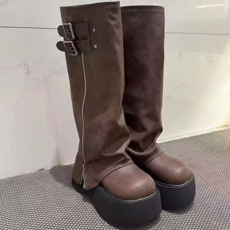 Women's Vintage High-Rise Chunky Heel Boots | Side Zipper | Waterproof Rubber Sole