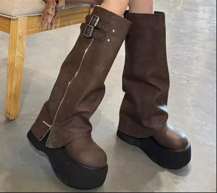 Women's Vintage High-Rise Chunky Heel Boots | Side Zipper | Waterproof Rubber Sole