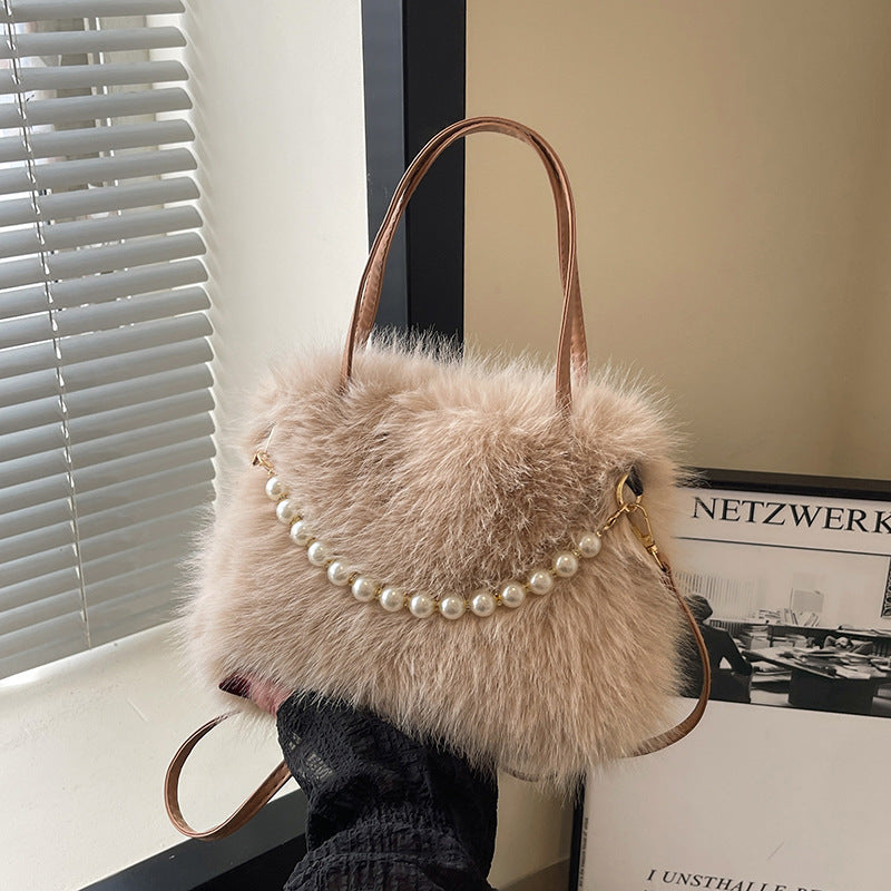 Women's Furry Tote Bag with Pearl Chain Shoulder Strap - Soft Faux Fox Fur Square Handbag
