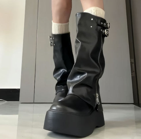 Women's Vintage High-Rise Chunky Heel Boots | Side Zipper | Waterproof Rubber Sole