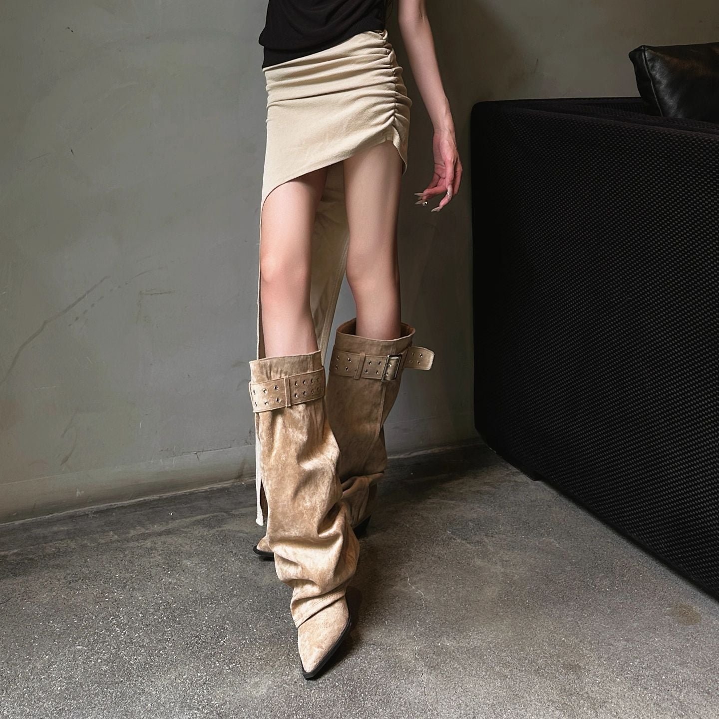 Women's Knee-High Western Boots | Pointed Toe Stiletto Heel | Buckle Detail | Khaki & Black